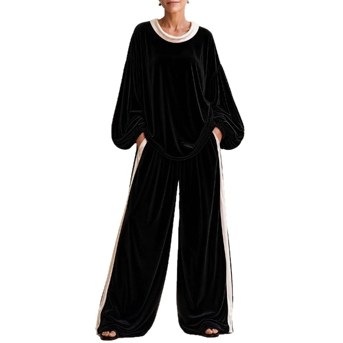 Velvet Black and White Colorblock Two-Piece Women's Casual Set