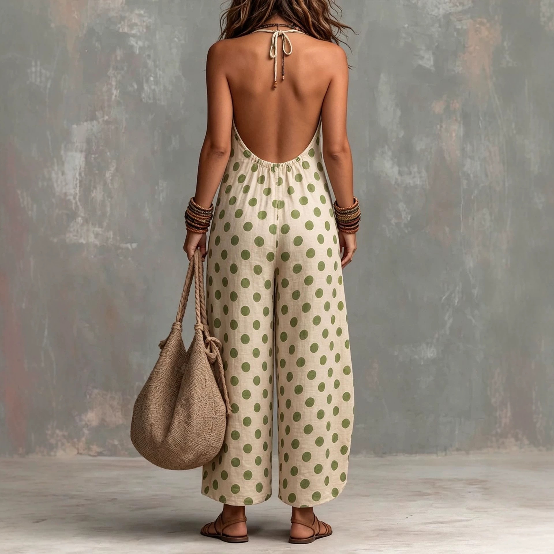 Women's Polka Dot Halter Wide-Leg Jumpsuit Sleeveless Summer Vacation Outfit
