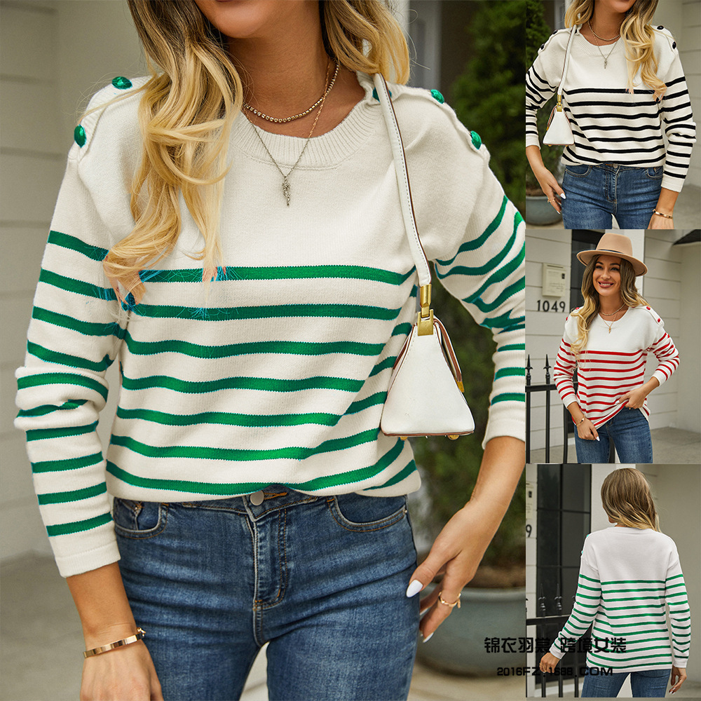 Striped Colorblock Button-Trim Pullover Knit Sweater