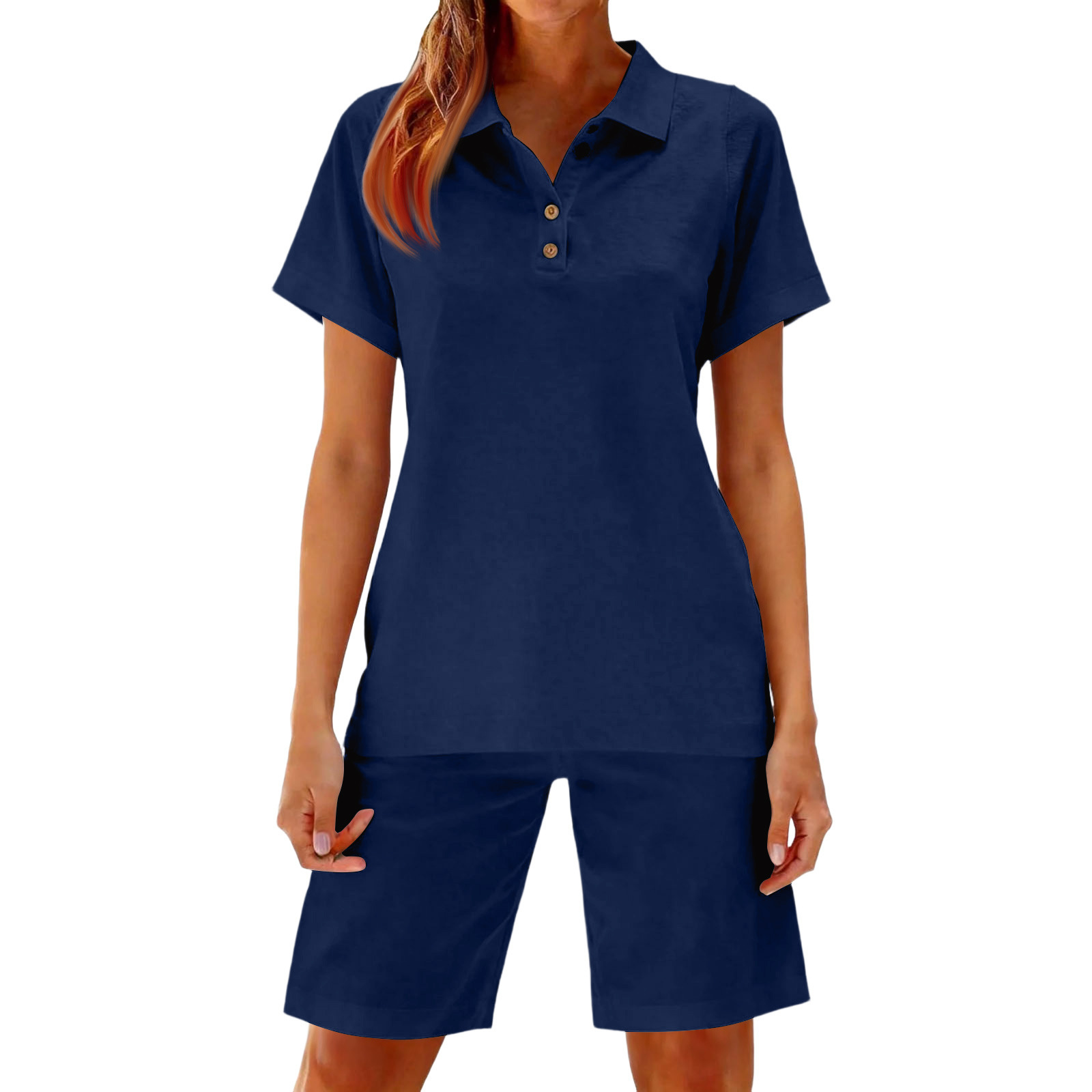 Women's Collared Short Sleeve Top and Shorts Two-Piece Set