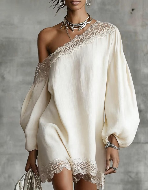 Women's Summer One-Shoulder Lace Trim Short Sleeve Casual Dress