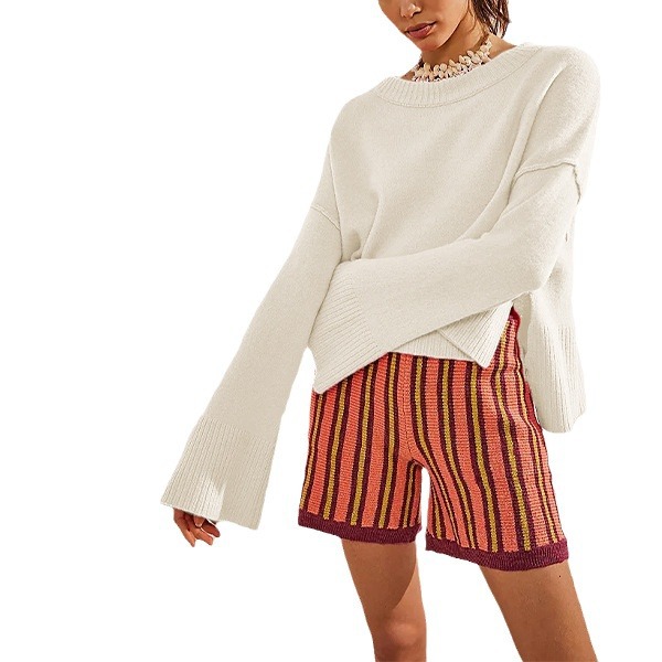 Solid Crewneck Bell Sleeve Knit Pullover Sweater