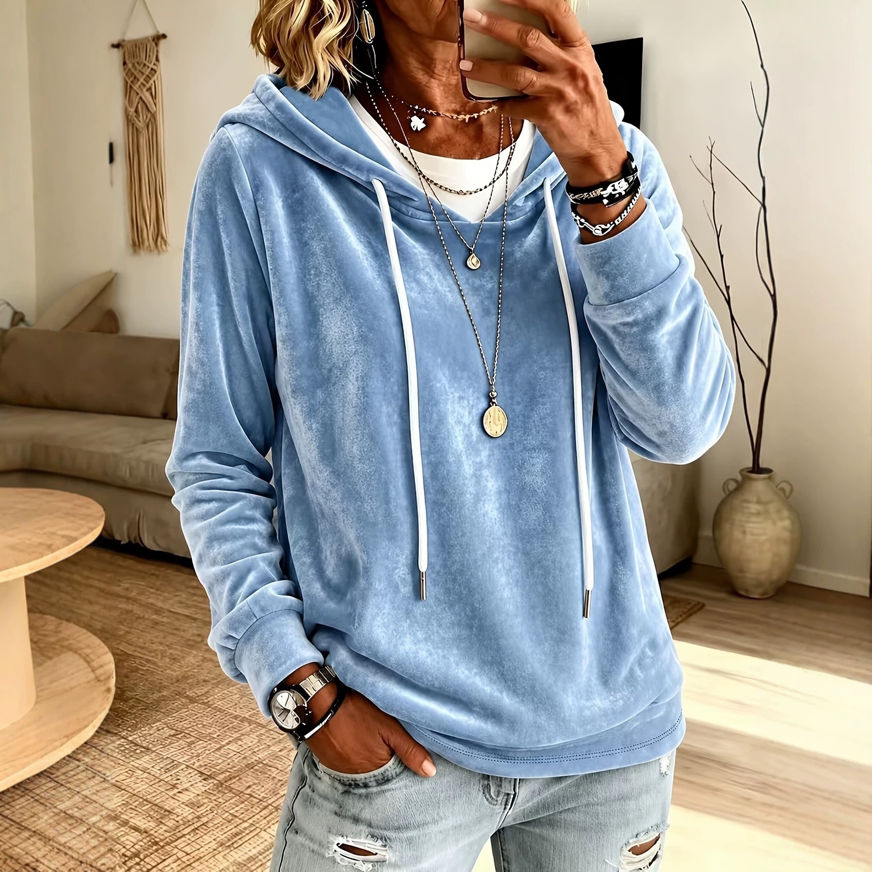 Women's Elegant Solid Velvet Hooded Long-Sleeve Top Sky Blue