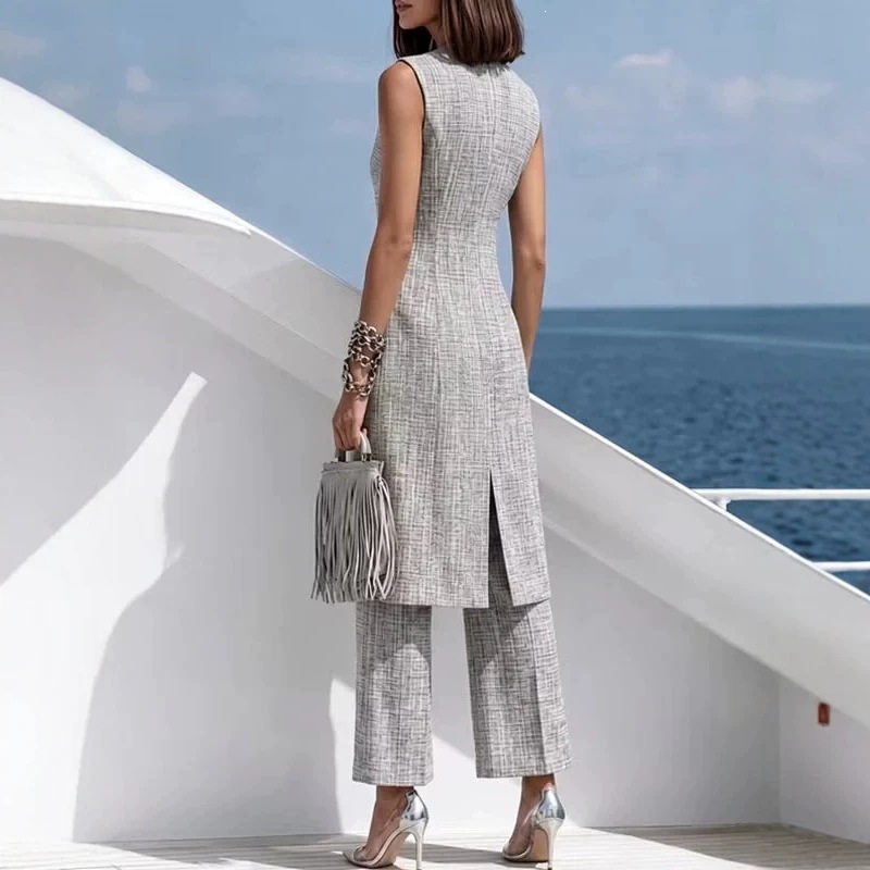 Elegant Gray Long Vest and Pants Two-Piece Suit Set
