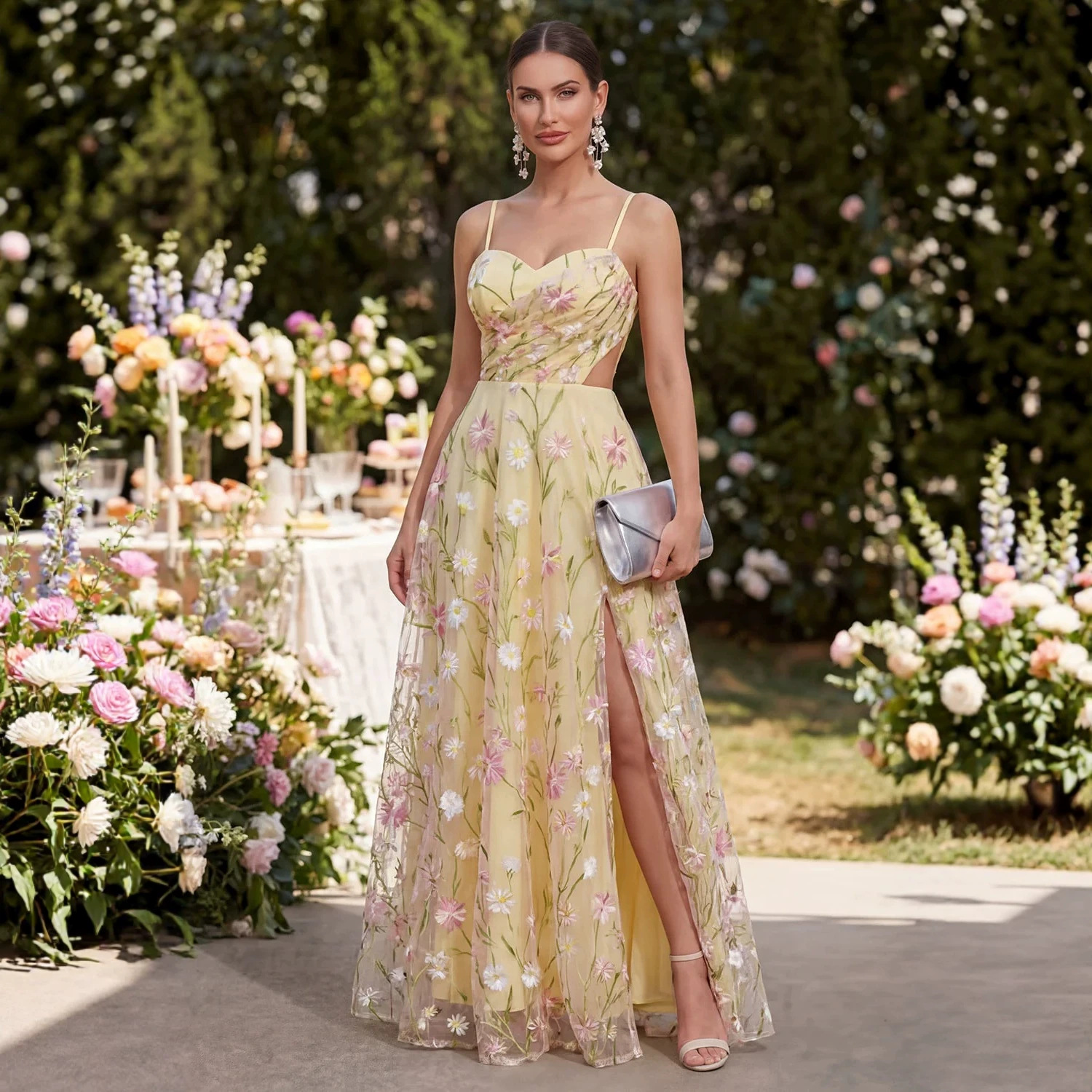 Purple High-Neck Lace Panel Chiffon Maxi Dress