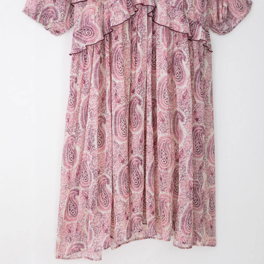 Layered Print Loose A-Line Long Dress with V-Neck and Ruffles