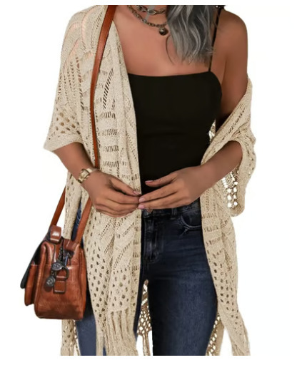 Plus Size Sheer Fringe Knit Bikini Cover-Up Beach Cardigan