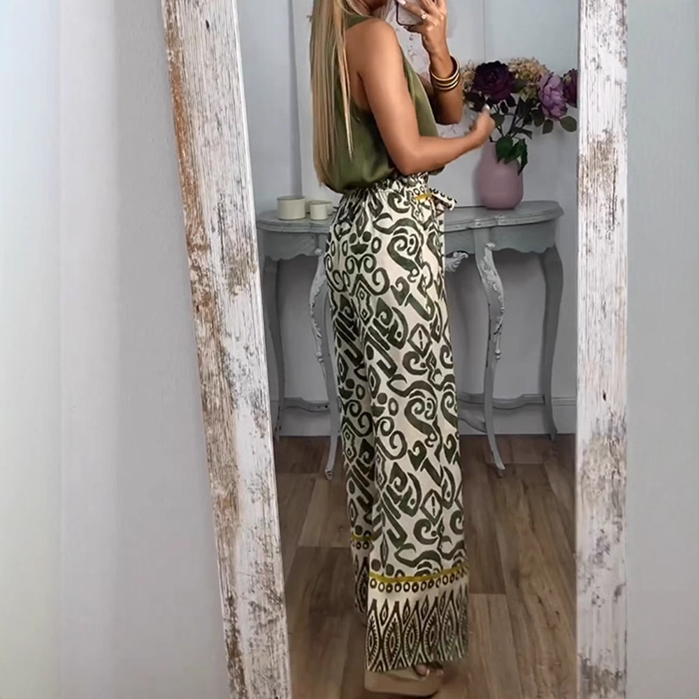 Printed Belted Wide-Leg Casual Pants