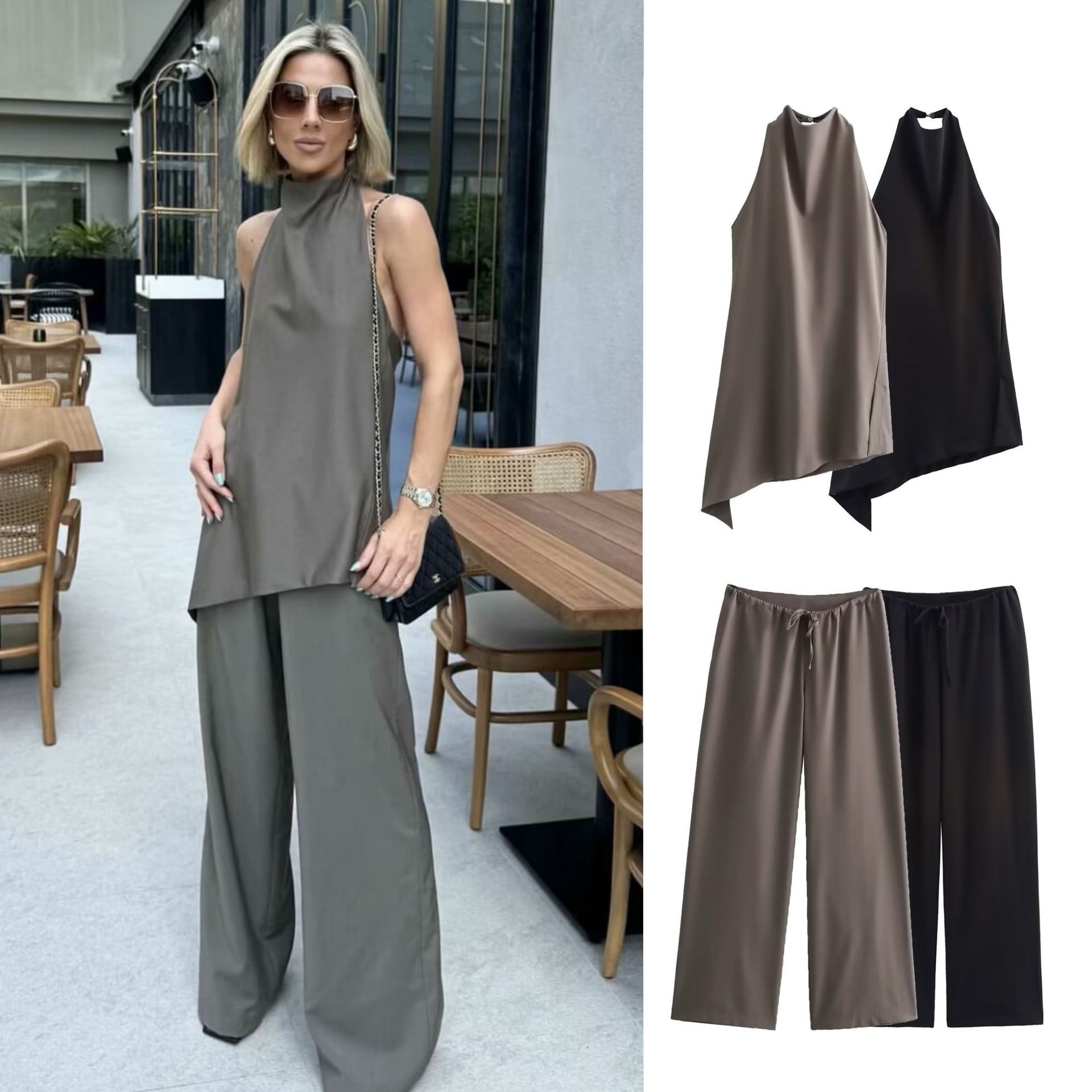 Women's Halter Neck Asymmetrical Top and Tie-Waist Pants Set