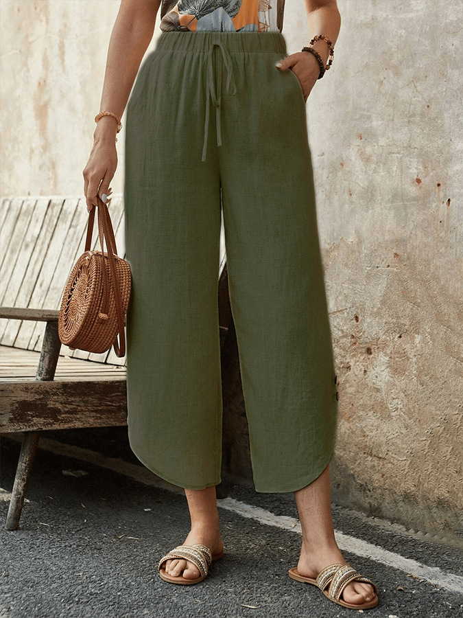 Women's Casual Cotton Linen High Waist Wide Leg Cropped Pants