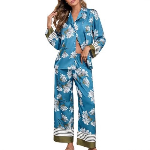Cuban Collar Floral Coin Leopard Leaf Print Long Sleeve Women's Set