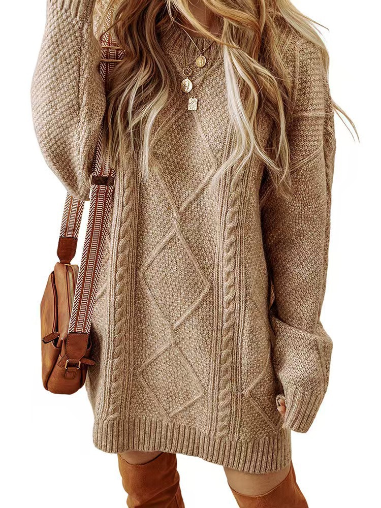 Cable-Knit Sweater Dress Relaxed Crew Neck Knee-Length