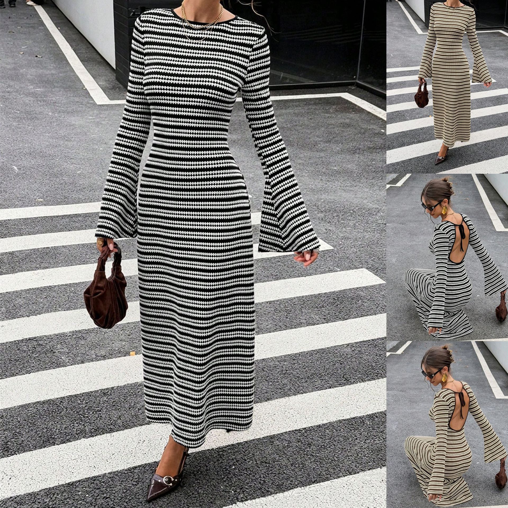 Striped Open-Back Flare-Sleeve Bodycon Knit Dress