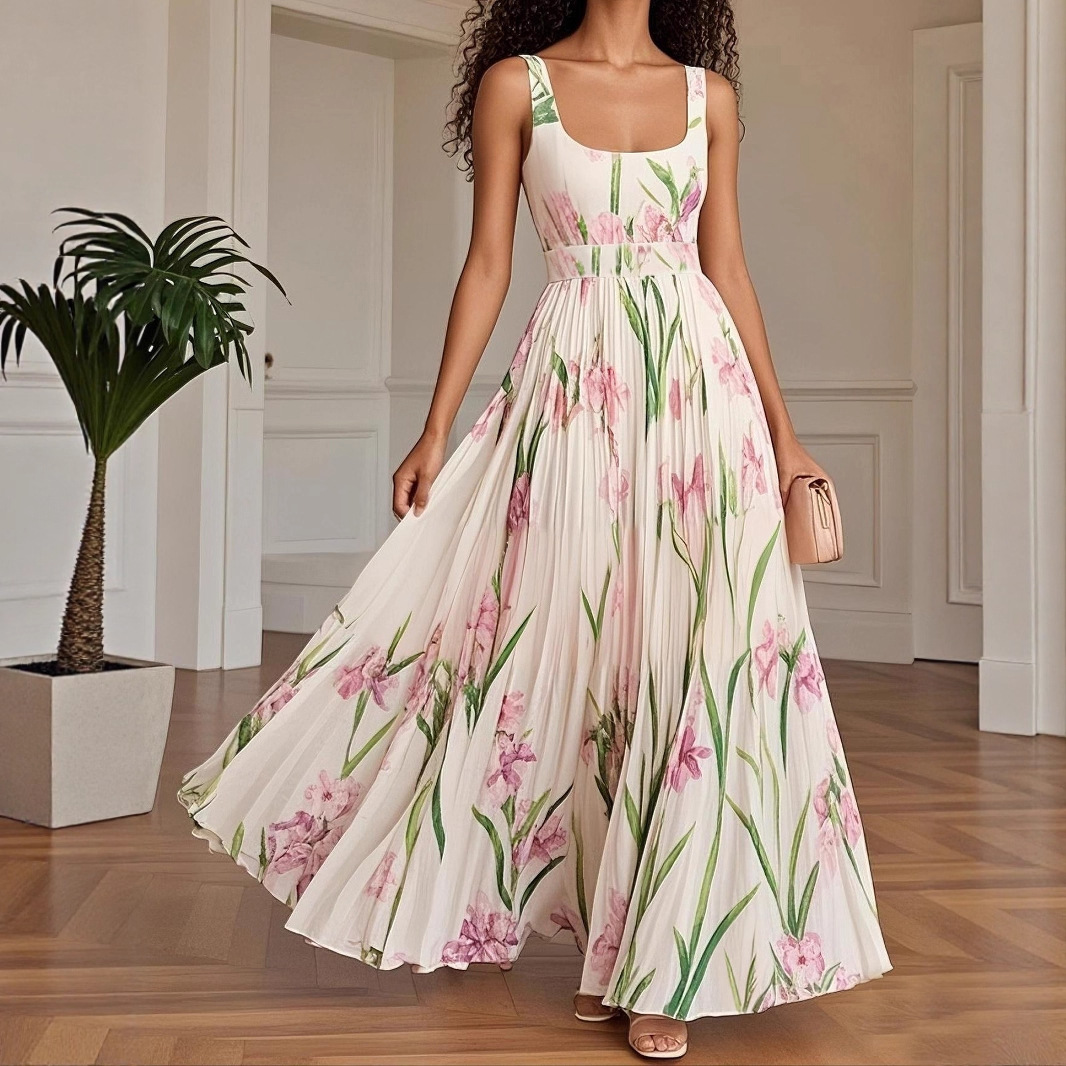 Women's Slim Fit Printed Cami Dress Pleated Maxi
