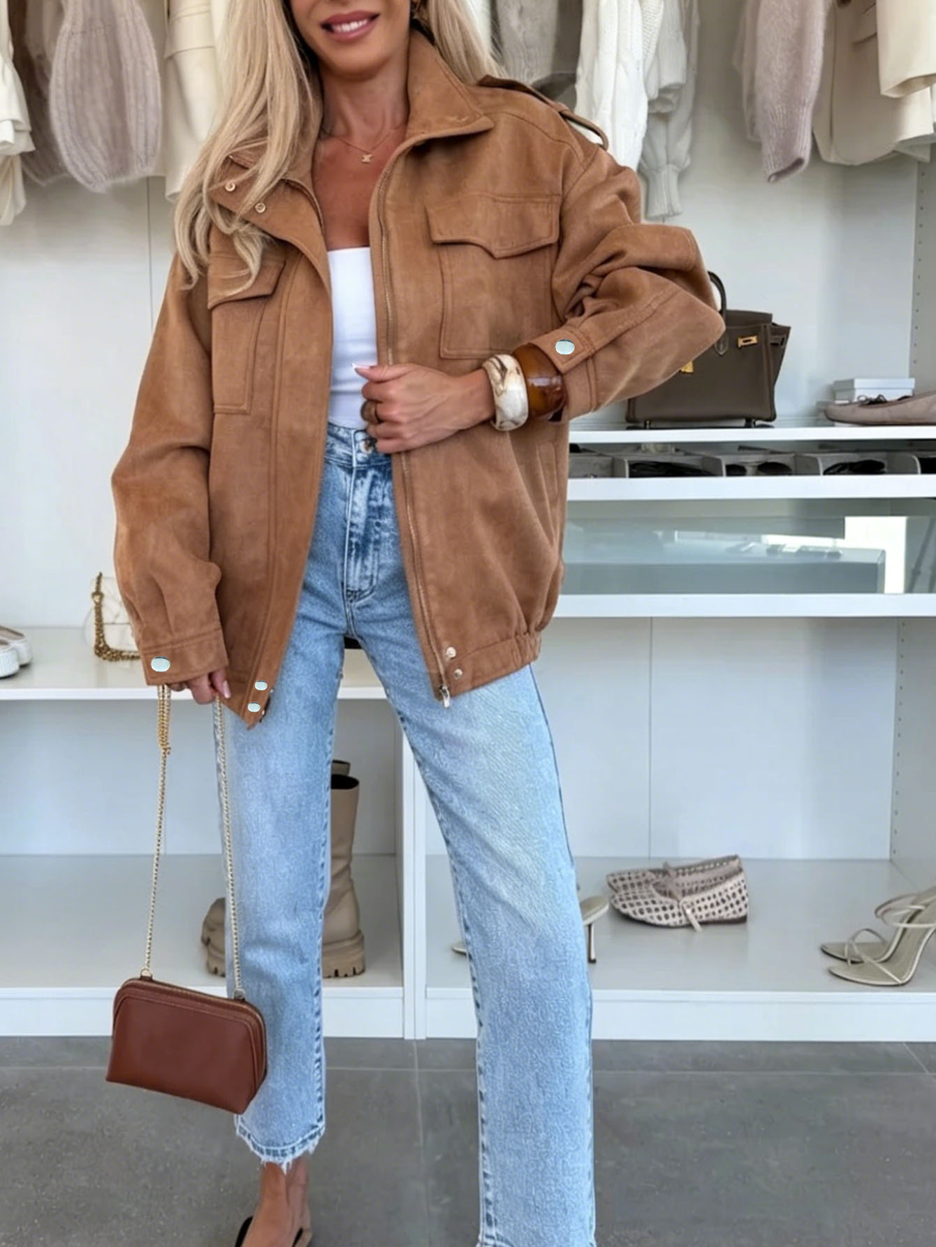 Women's Retro Lapel Collar Long Sleeve Zip-Up Jacket Solid Color Warm Short Coat