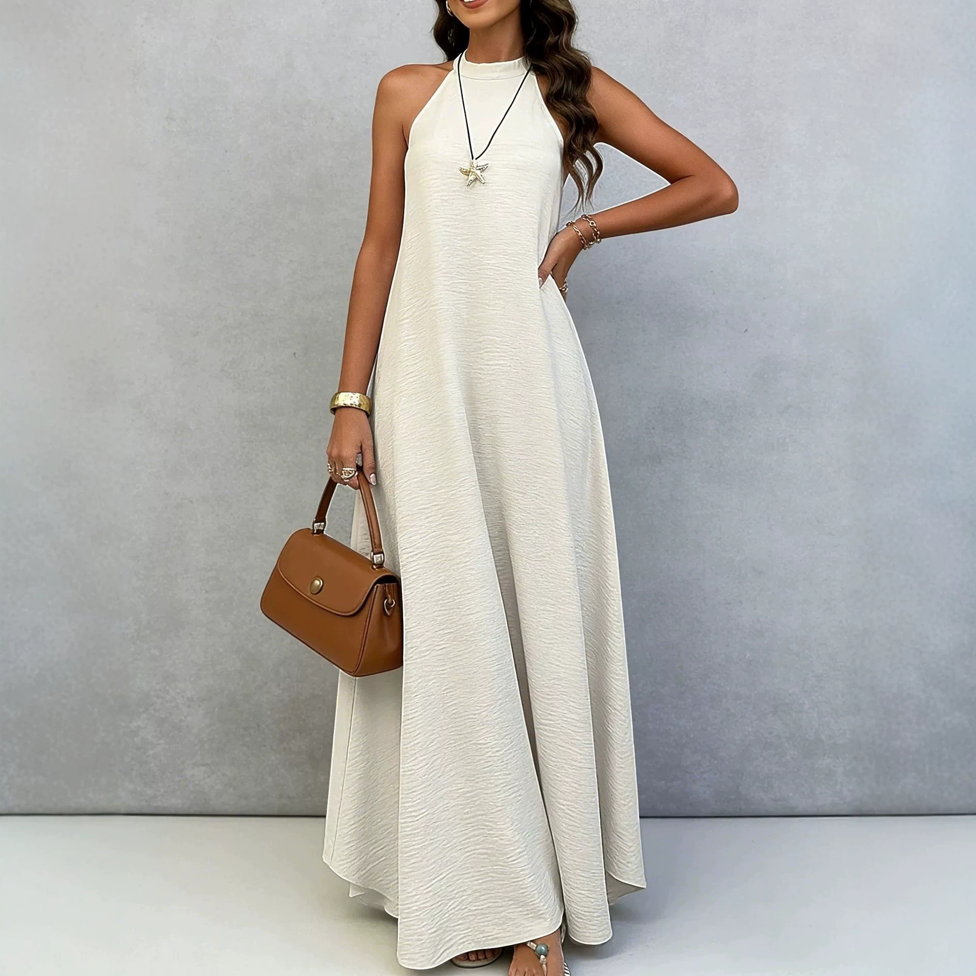 Sleeveless A-Line Midi Dress Solid Color High Waist Casual Elegant