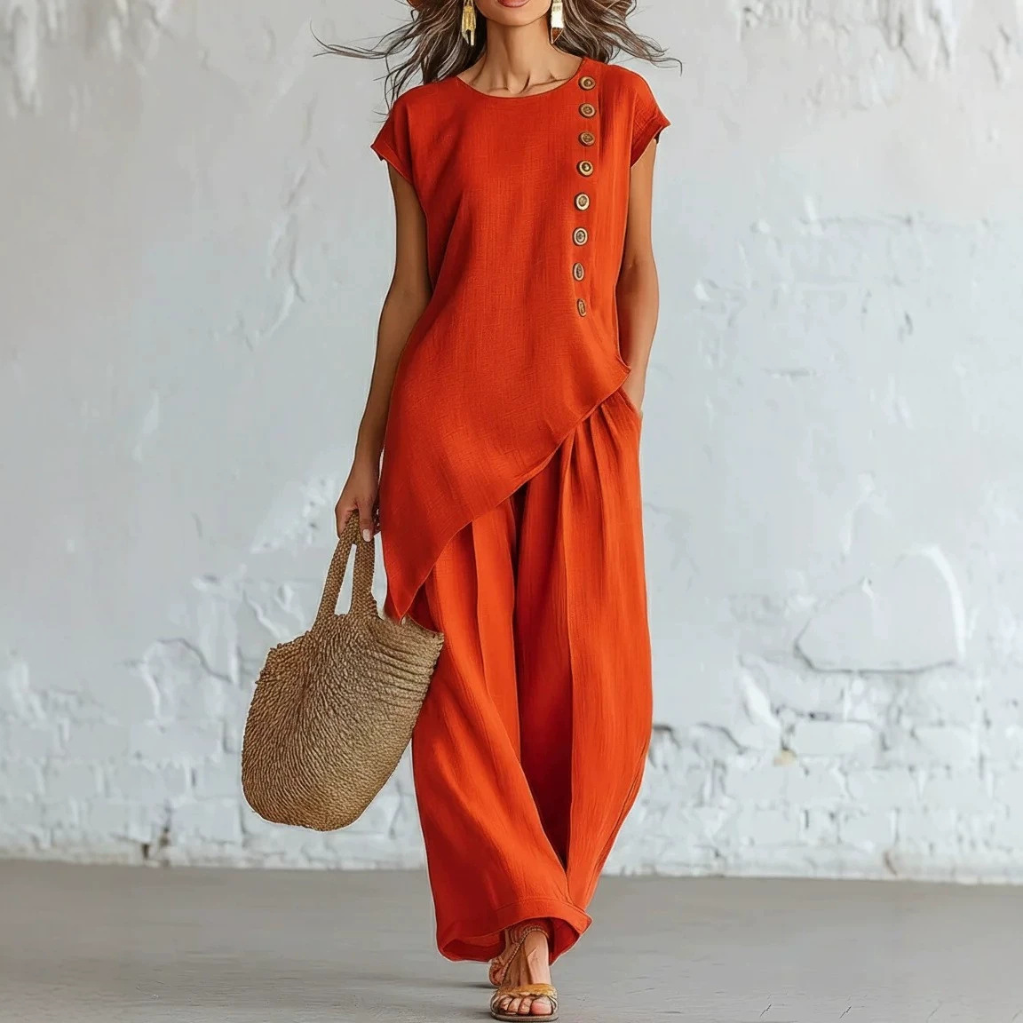 Women's Button-Down Short Sleeve Top and Wide-Leg Pants Set with Asymmetrical Hem