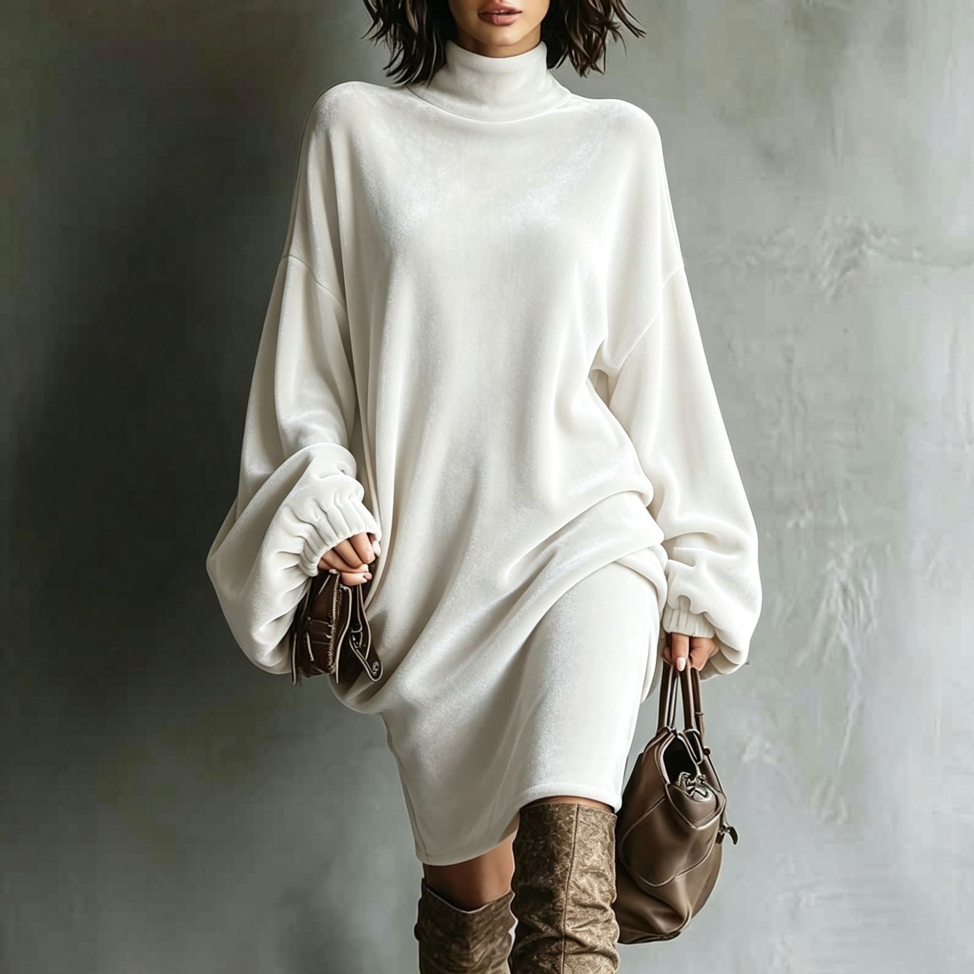 Velvet High Neck Loose Midi Dress Long Sleeve A-Line