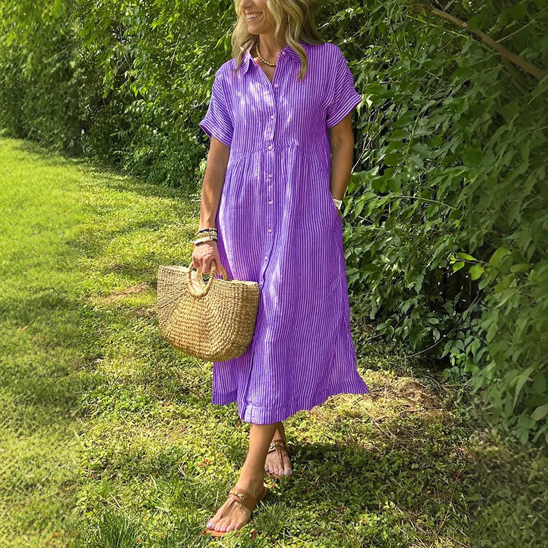 Women's Striped Short Sleeve Shirt Dress Loose Plus Size Casual Midi