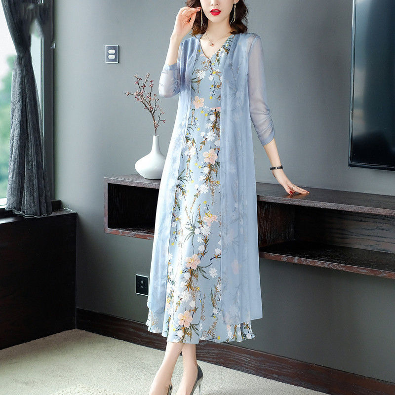 Women's Chiffon Two-Piece Dress Set with Floral Print and V-Neck