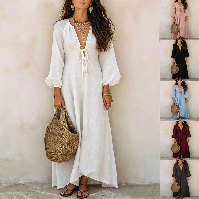 Deep V-Neck Tie-Front Textured Bubble Sleeve Boho Maxi Dress