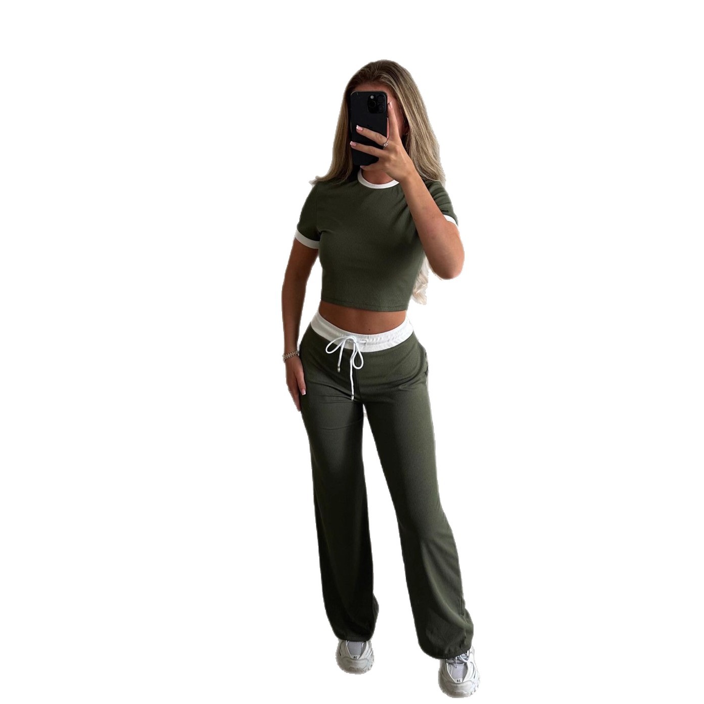 Women's Colorblock Short Sleeve Top and Drawstring Wide Leg Pants Set