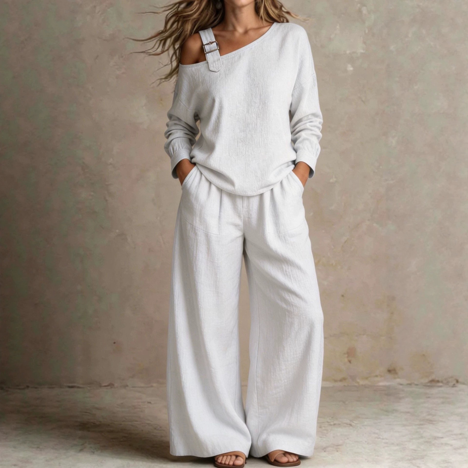 Women's Linen-Blend One-Shoulder Two-Piece Set