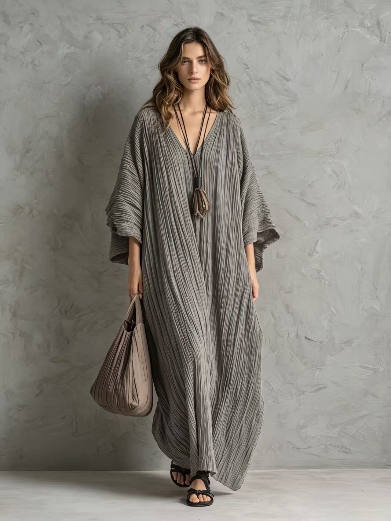 Women's V-Neck Caftan Maxi Dress with Pockets