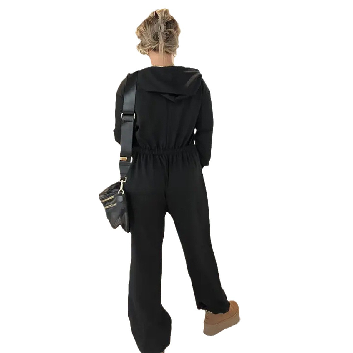 Women's Solid Color Long Sleeve Jumpsuit Casual Hoodie Set with Pockets