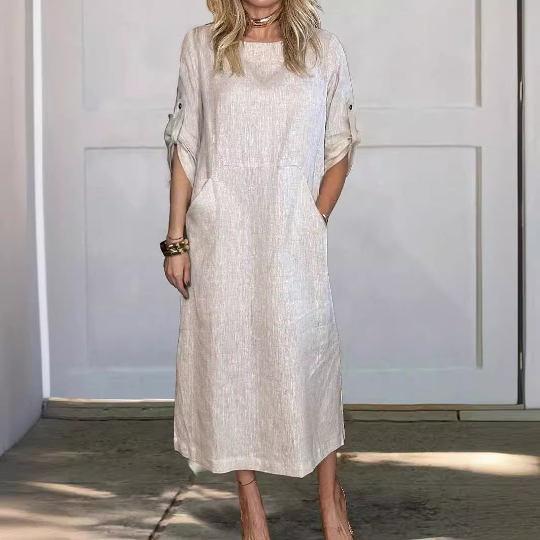 Women's Summer Loose Casual Solid Short Sleeve Cotton Linen Dress