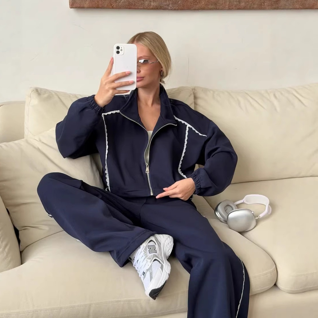 Women's Navy Lace-Trimmed Zip-Up Jacket and Jogger Pants Set