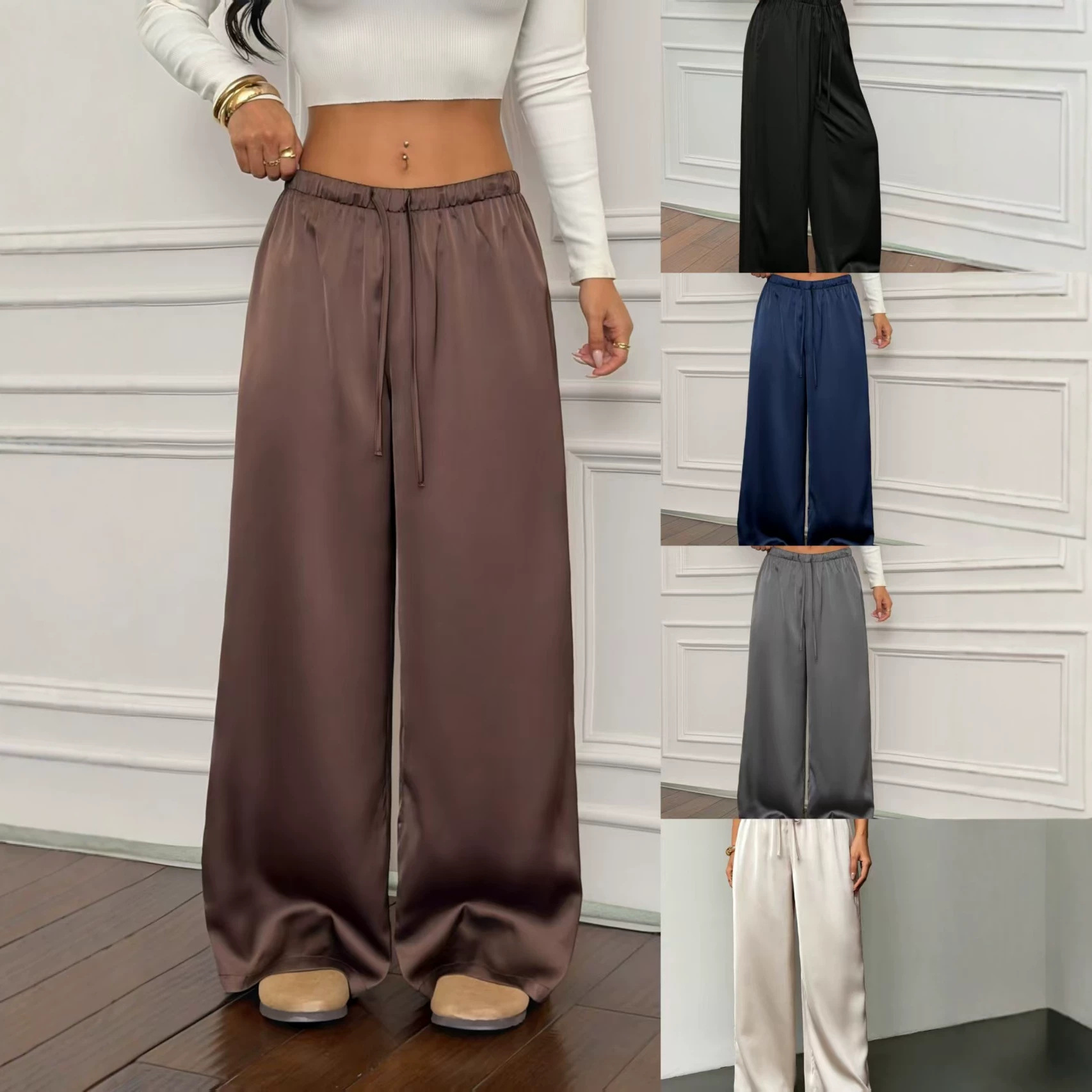 Satin High-Waist Wide-Leg Pants for Women, Loose Casual Drape