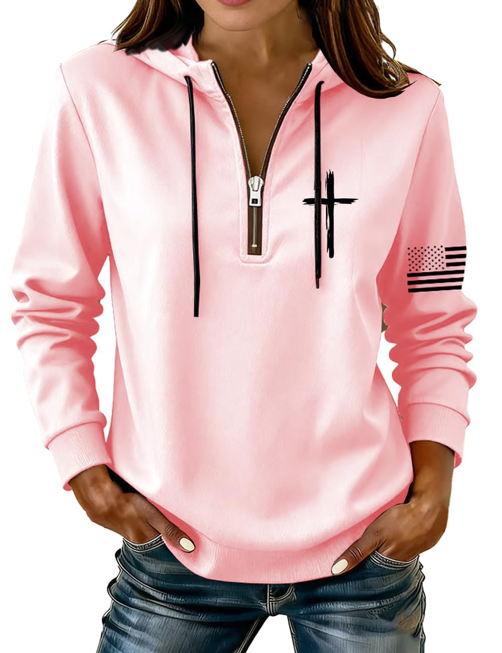 Cross & American Flag Print Half-Zip Hoodie