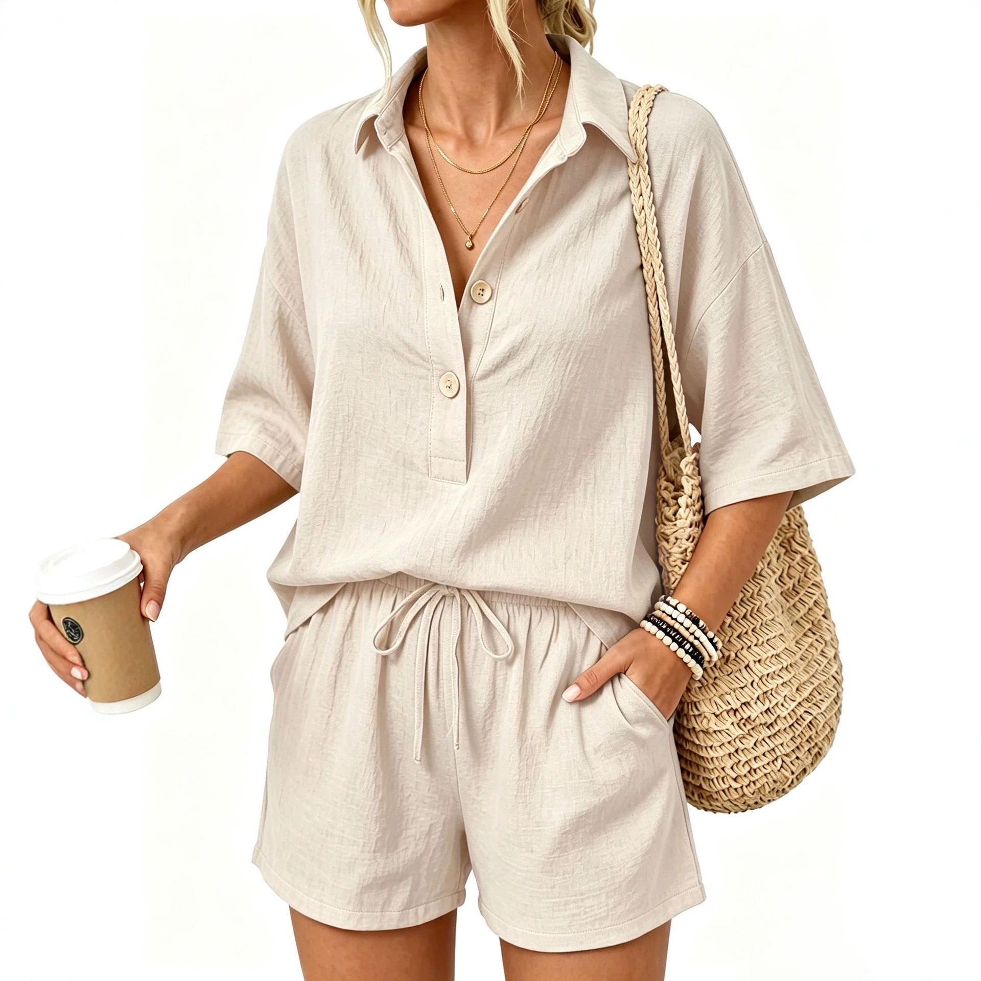 Solid Color Two-Piece Set Lightweight Short Sleeve Top with Pockets and High Waist Shorts