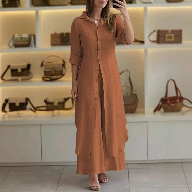 Women's Cotton-Linen Fitted Waist Long-Sleeve Shirt & Wide-Leg Pants Set