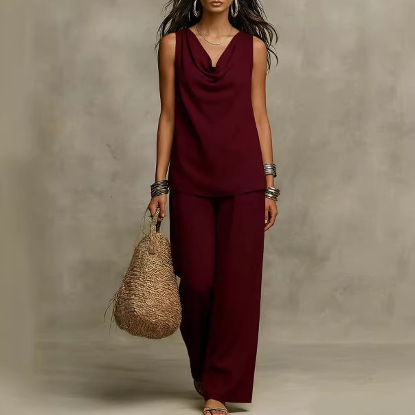 Solid Linen-Blend Sleeveless Tank Top and Wide-Leg Pants Set