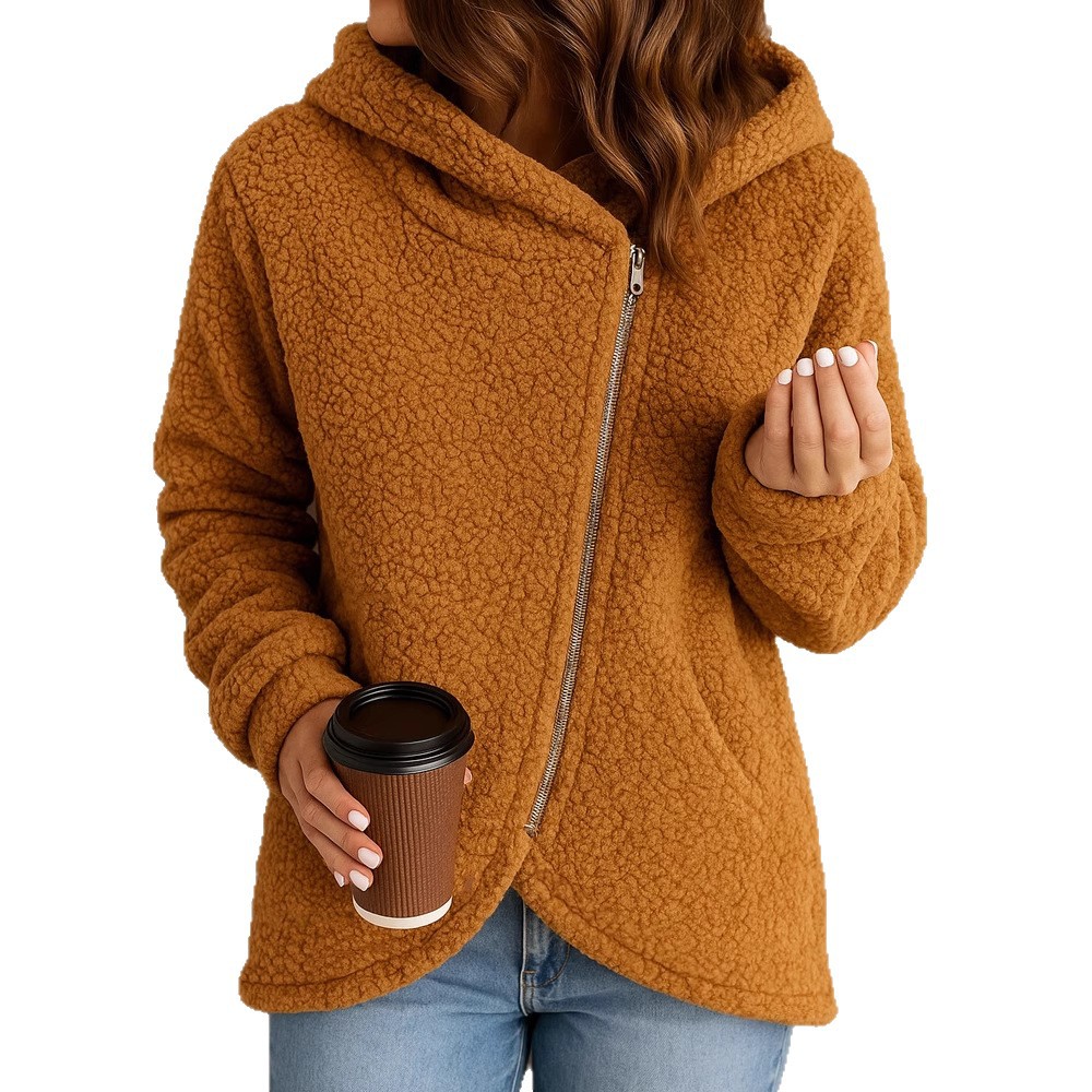 Women's Casual Loose Faux Shearling Zip Hoodie Jacket