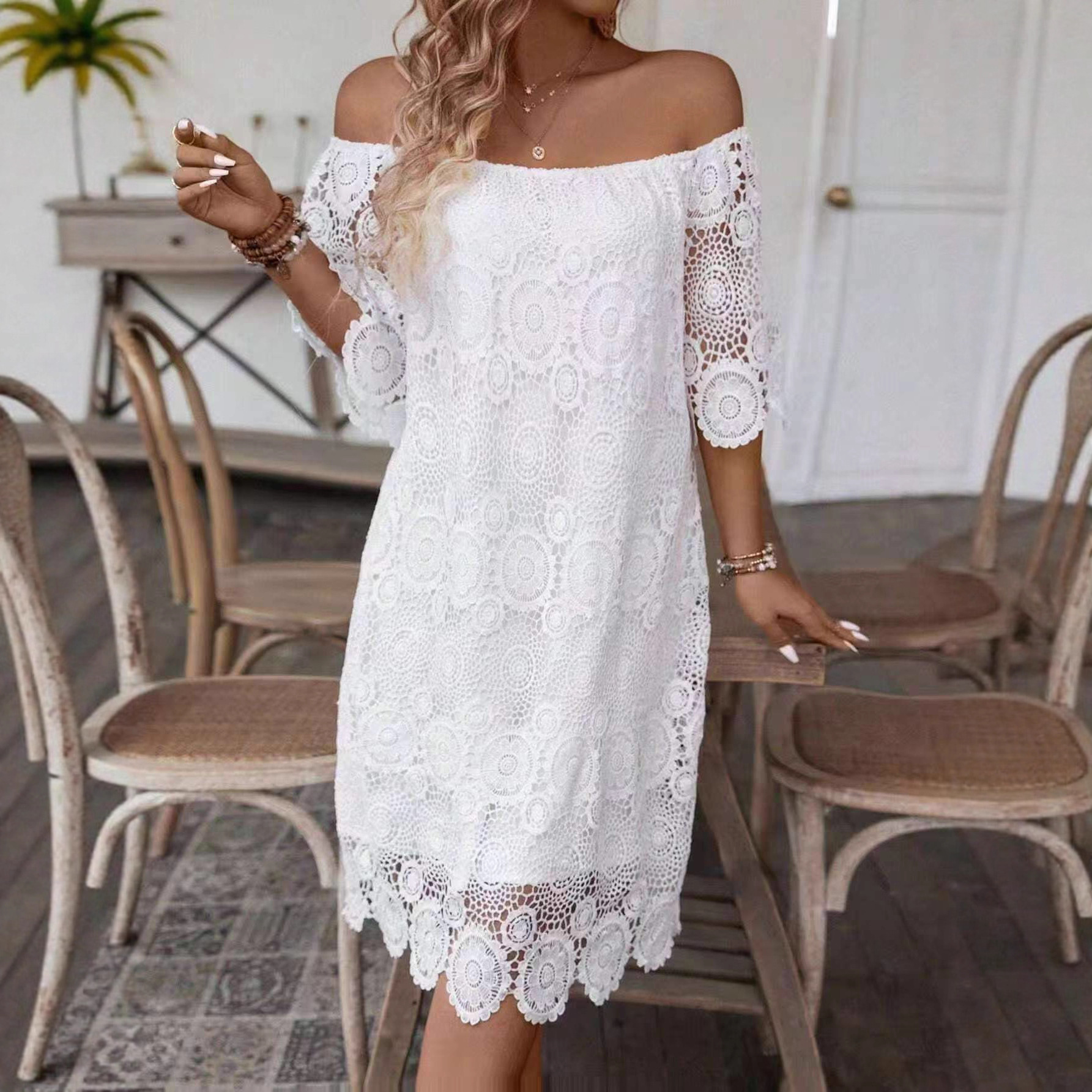 Women's Off-Shoulder Short Sleeve Lace Hollow Out Dress