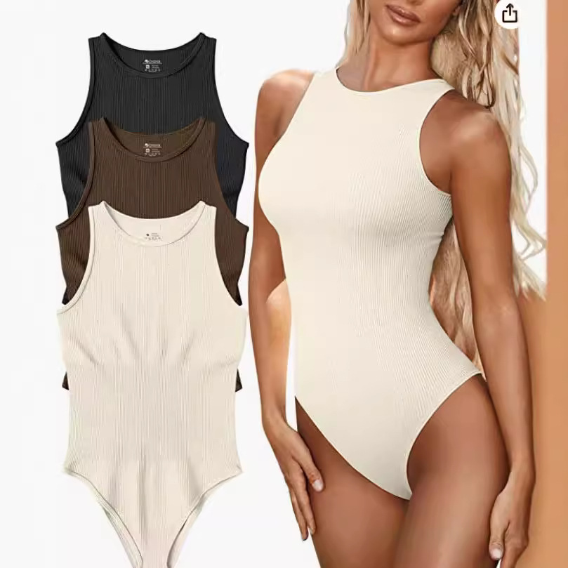 Women's Sleeveless Ribbed Bodysuit High Neck Solid Color