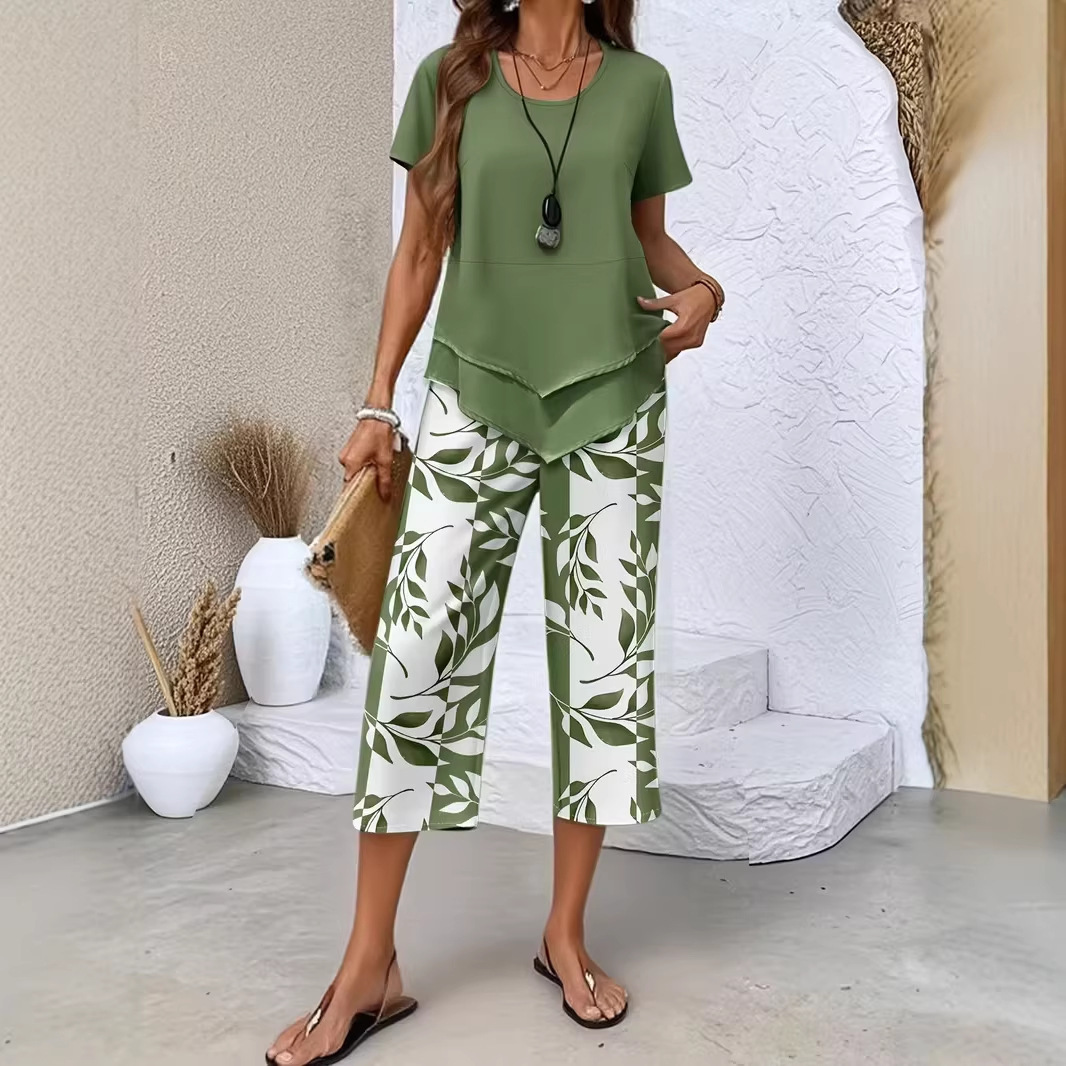 Women's Short Sleeve High Waist Wide Leg Pants Two-Piece Set