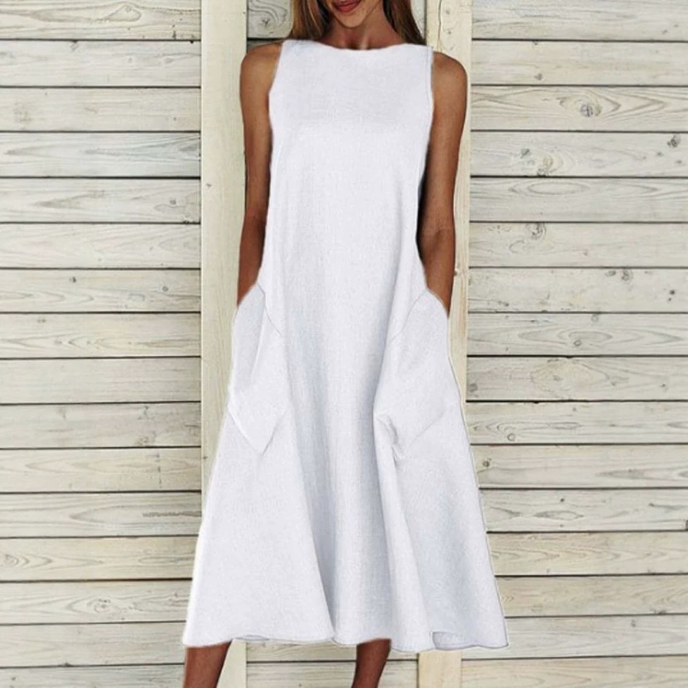 Solid Crewneck Short Sleeve Dress with Patch Pockets