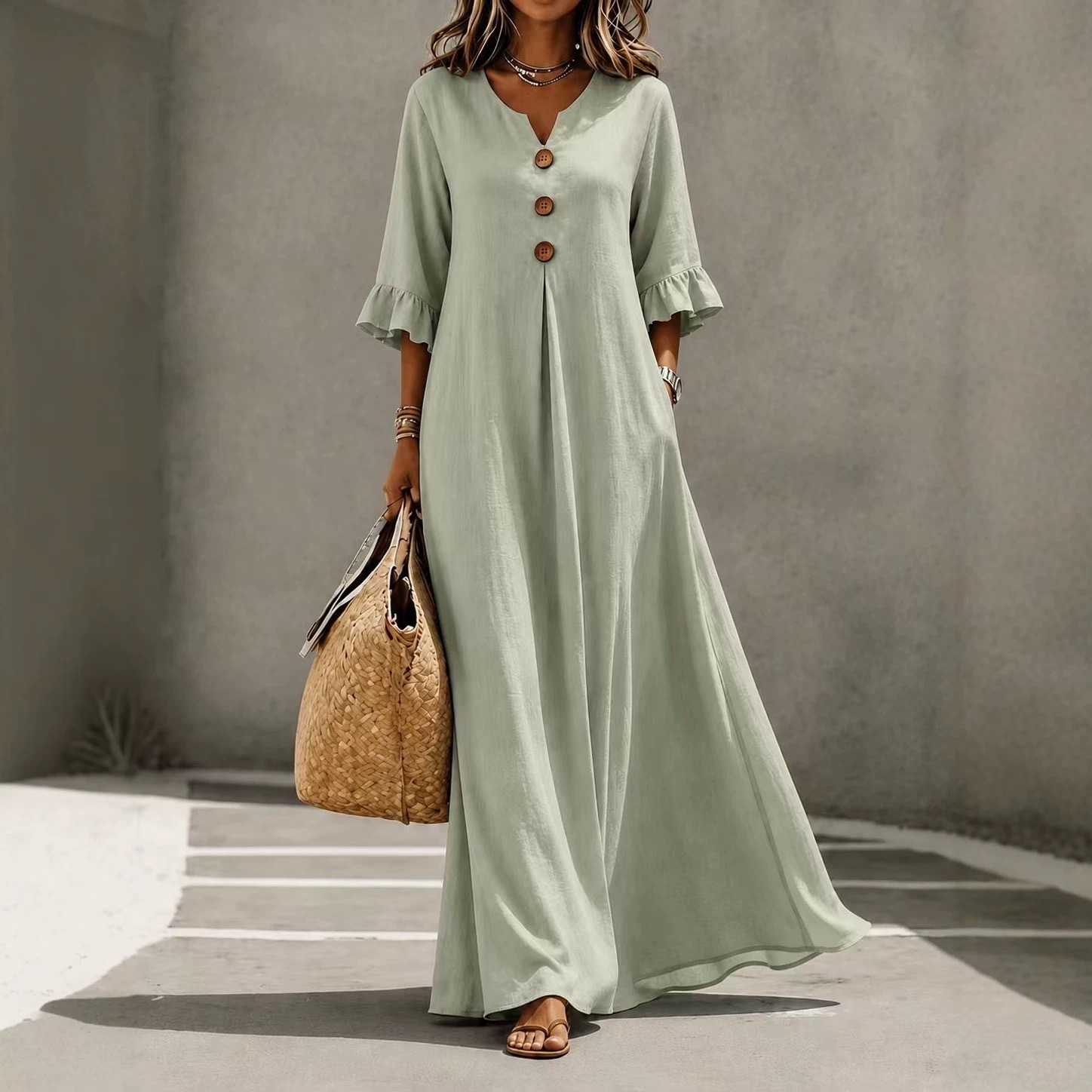 V-Neck Button Ruffle Sleeve Solid Loose Casual Dress