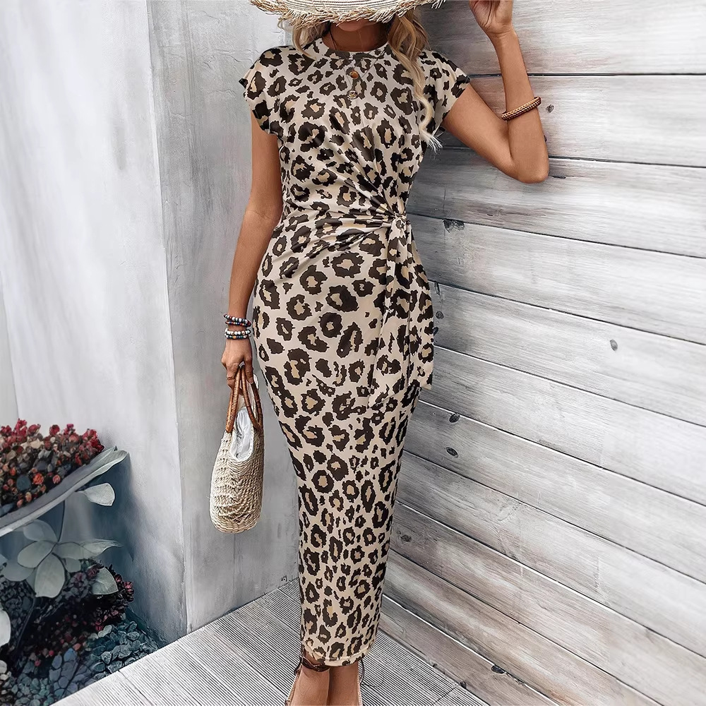 Retro Leopard Print Bodycon Dress with Round Neck, Cap Sleeves, Side Twist Knot, Waist-Cinching, Slim Fit