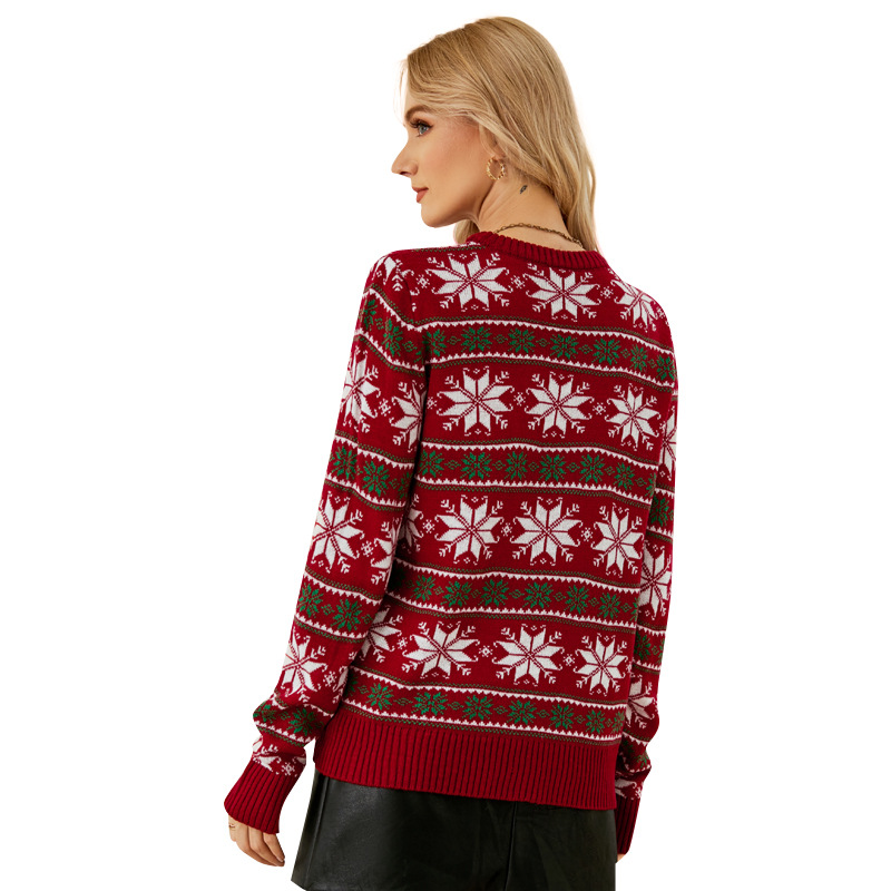 Red Snowflake Christmas Sweater Crewneck Long Sleeve Knit Pullover