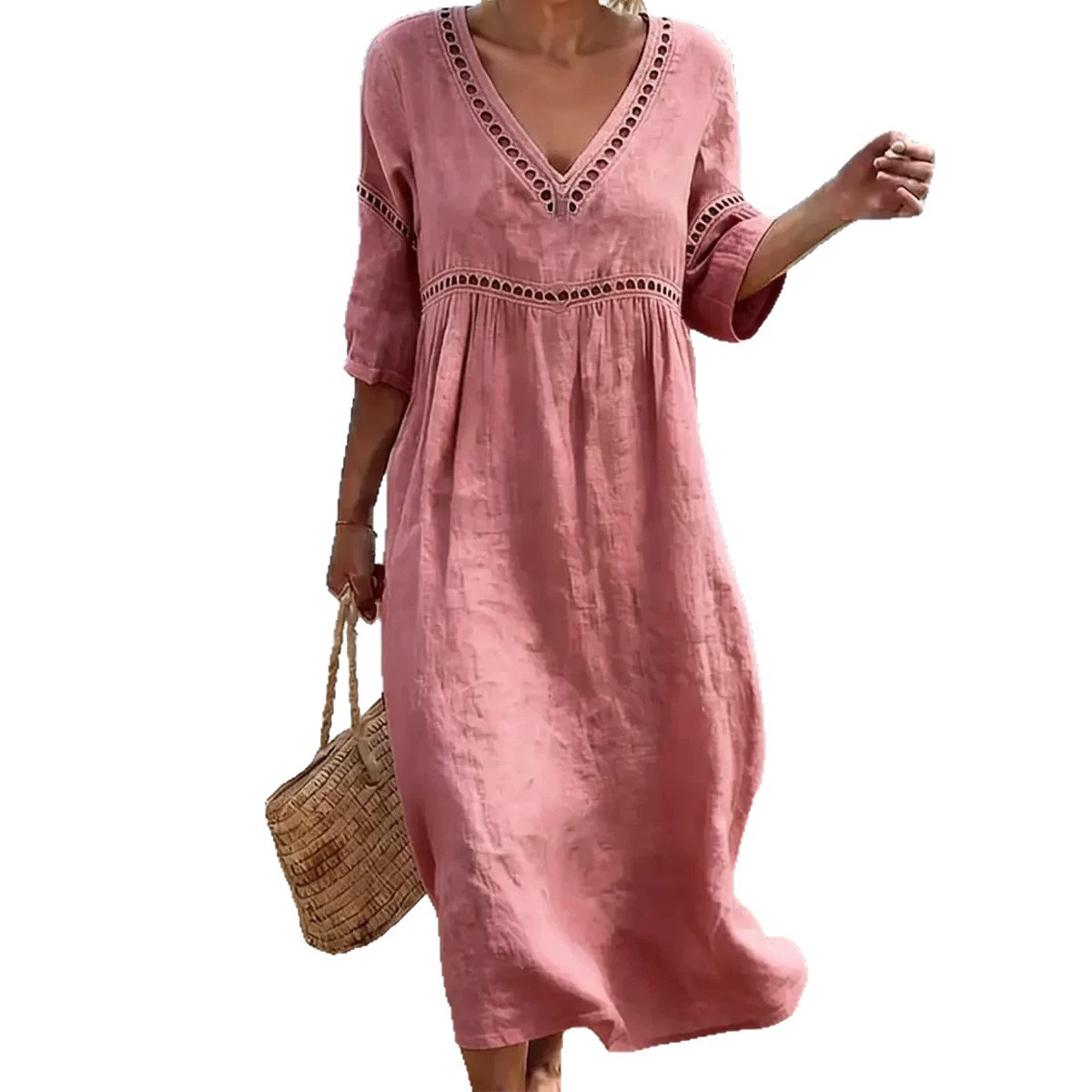 Women's Summer Beach Vacation V-Neck Solid Color Loose Long Dress