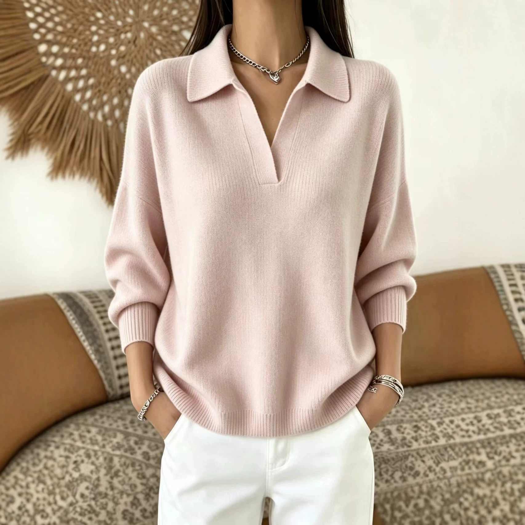 Polo Collar Knit Sweater Loose Fit V-Neck Pullover