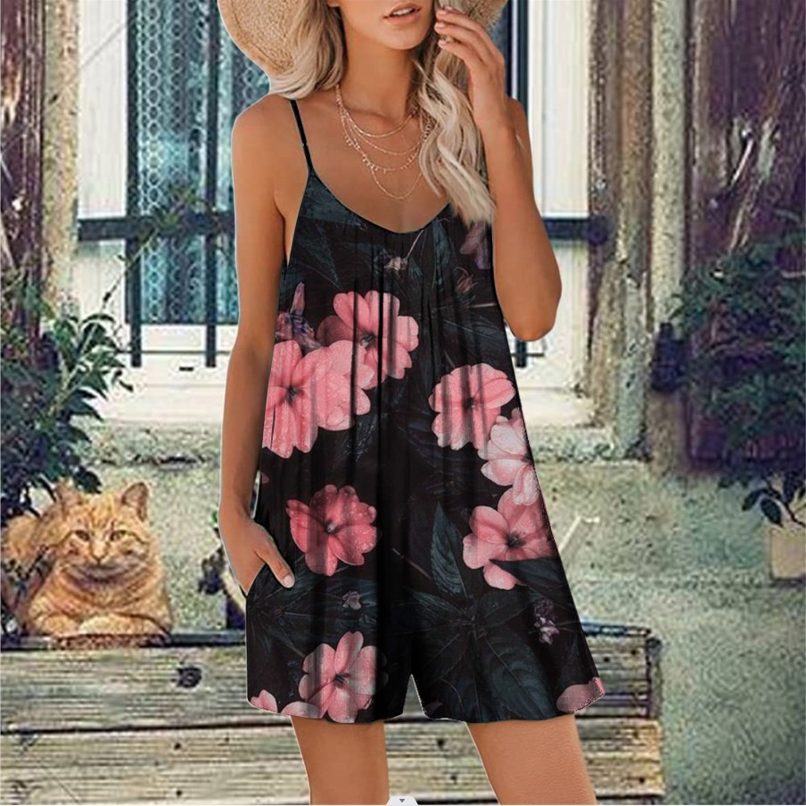 Women's Sleeveless Printed Romper with Pockets Casual Summer Shorts Jumpsuit