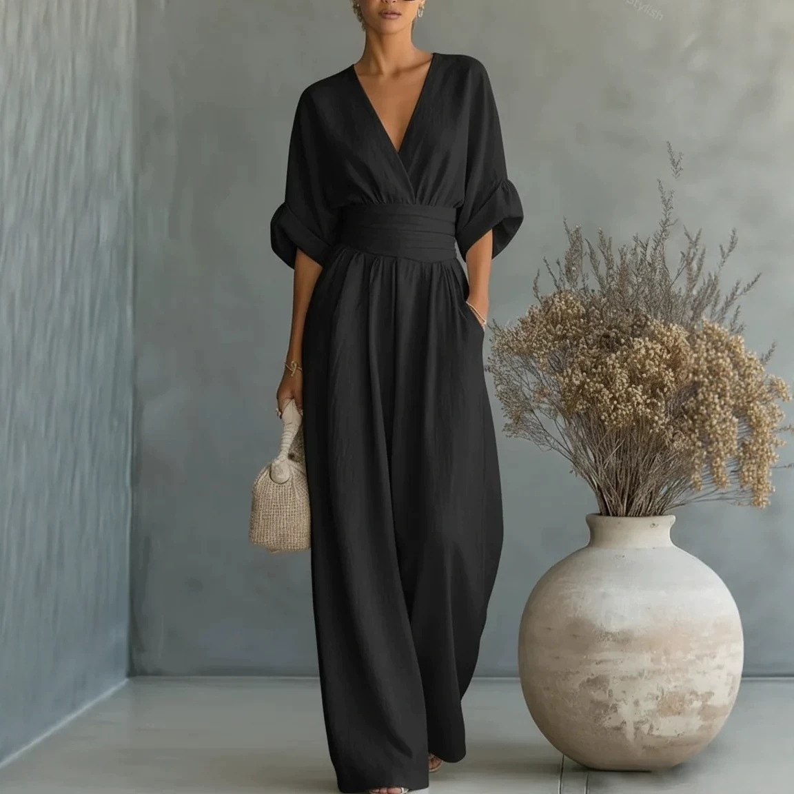 Elegant V-Neck Cinched Waist Wide-Leg Jumpsuit