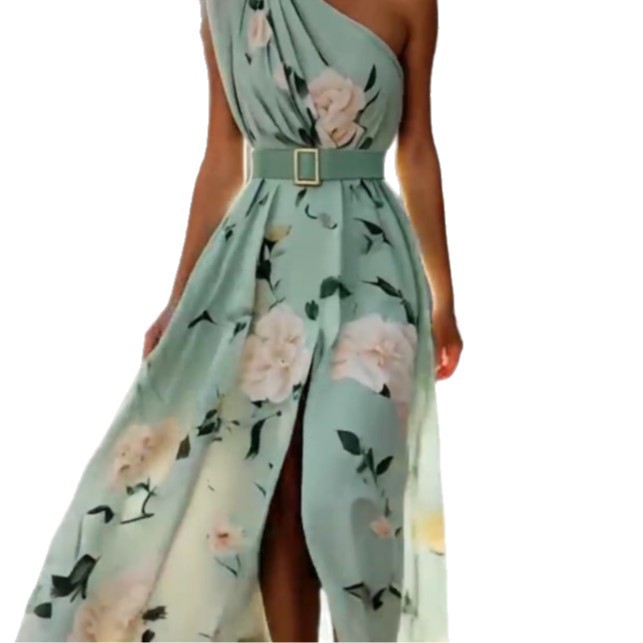 One-Shoulder Floral Print Sleeveless Maxi Dress with Belt