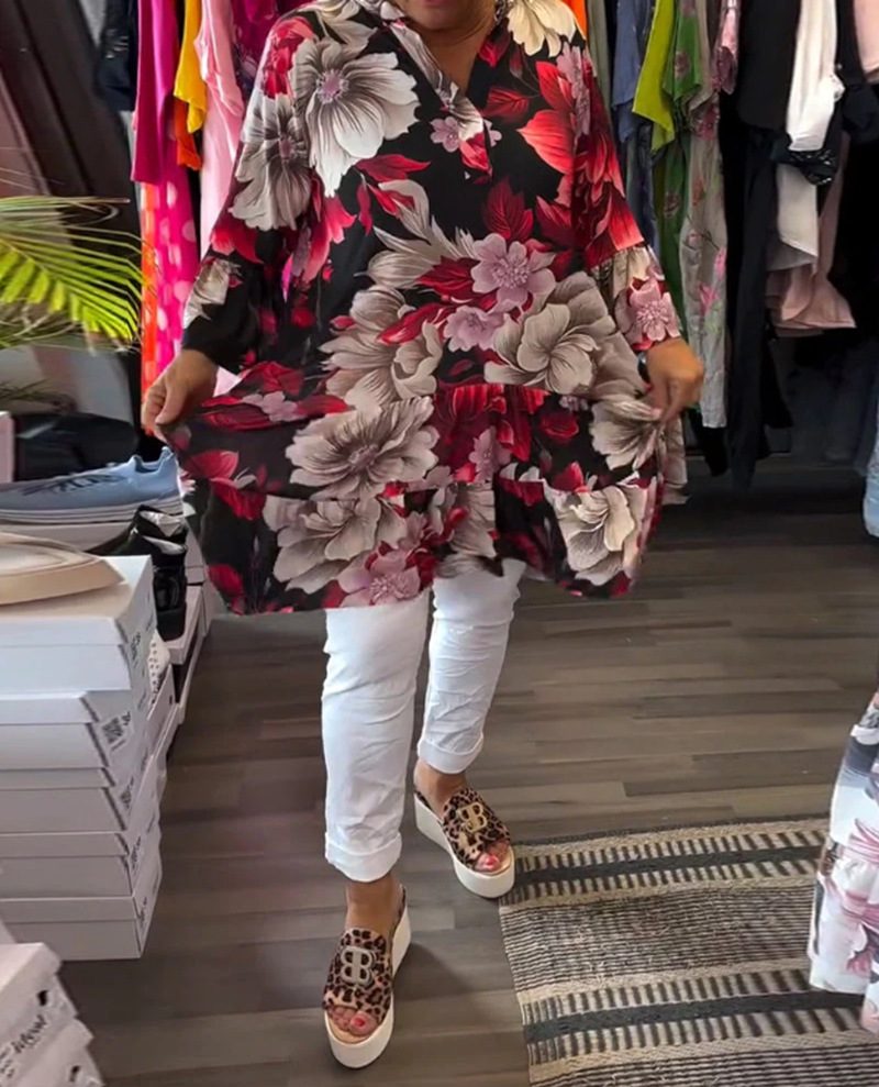 Women's Floral Print Stand Collar Long Sleeve Loose Casual Midi Dress